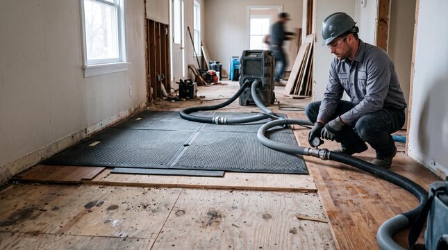 Professional technician drying damaged subfloor during home water restoration.