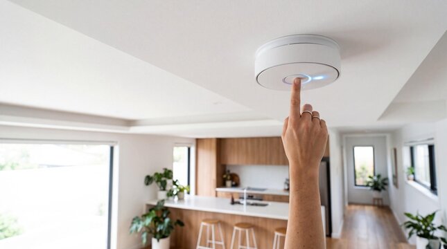 Woman hand pressing a button on a smart smoke detector on a ceiling
