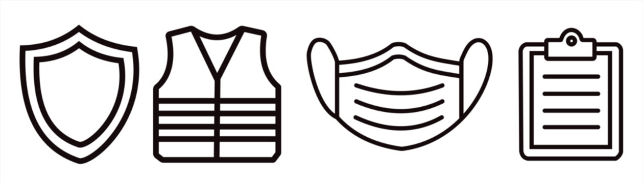 Set of black line icons showing safety shield reflective vest medical face mask and clipboard checklist for health and work