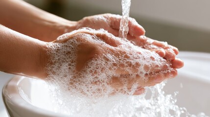 Fototapeta premium Close-up of hands being washed with foaming soap and running water
