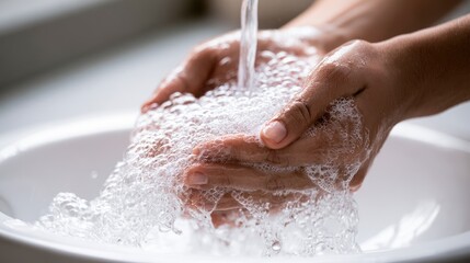 Fototapeta premium Hands cleansed under flowing water, creating gentle foam in a white basin
