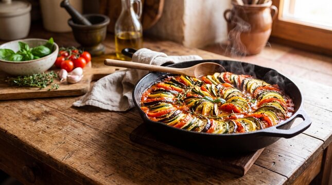 Steaming hot French ratatouille in a cast iron pan on a rustic wooden table