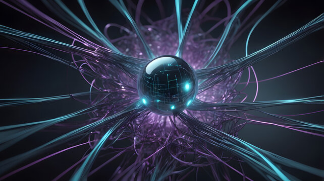 Abstract 3D render of a futuristic cybernetic core with glowing neural network connections in cyan and purple