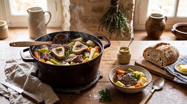 Traditional French Pot-au-Feu beef stew in a rustic kitchen setting