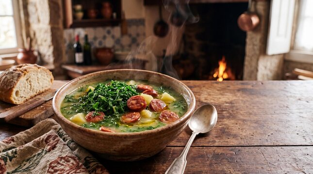 Steaming bowl of traditional Portuguese caldo verde soup on rustic wooden table
