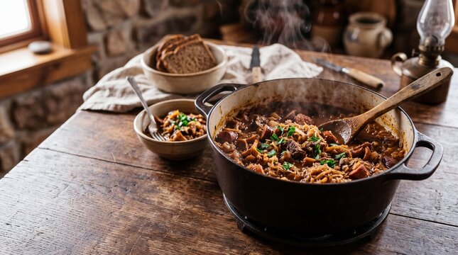 Traditional Polish bigos hunter's stew steaming in a rustic cast iron pot