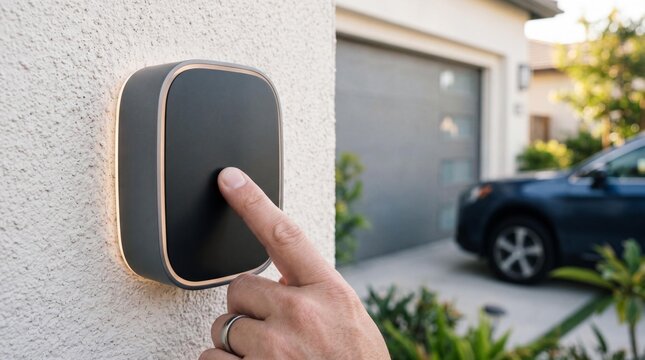 Man pressing a smart home keypad entry device mounted on an exterior wall