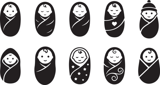 Newborn Baby Wrapped in Blanket Icon Set &ndash; Baby Care, Swaddle Infant, Nursery Vector Symbols