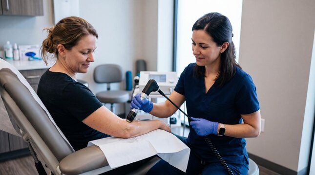Female therapist applying shockwave therapy to patient's forearm in clinic