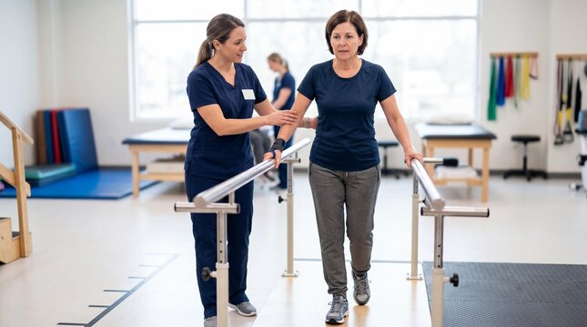 Physiotherapist helping mature woman walk on parallel bars in rehab clinic
