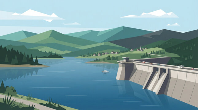 Modern hydroelectric dam infrastructure featuring a roadway stretching across a serene mountain lake with a small village nestled in the green hills