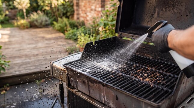 Cleaning a dirty barbecue grill with a spray bottle in a backyard garden.