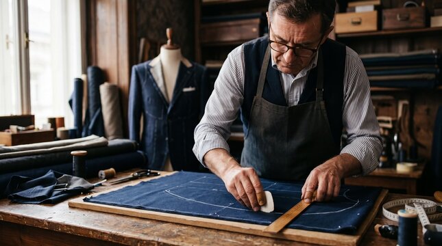 Senior master tailor marking blue fabric with chalk and ruler in a workshop