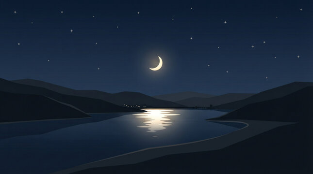 Serene night landscape featuring a crescent moon reflecting over still water surrounded by dark silhouette mountains under a vast starry night sky