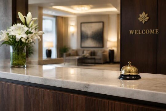 Elegant hotel reception desk with a decorative bell.