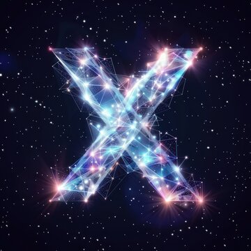 Glowing, polygonal letter X formed by constellation of stars in dark space.