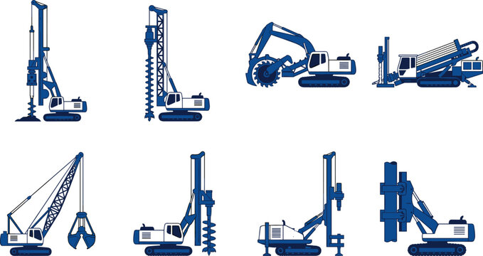 Vector Illustration Set of Heavy Foundation Construction Machinery Drilling Rigs Pile Drivers and Piling Equipment for Engineering
