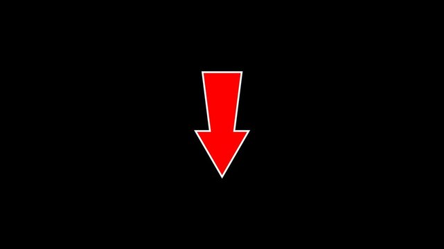 Red arrow, pointing down, with white outline, motion, graphic, on, black, background, isolated, directional, indicator, downward, trend, decrease, negative, growth, download, icon.
