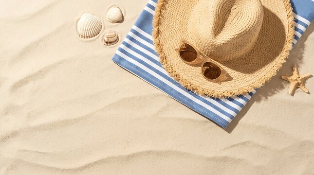 Beach Hat Sunglasses and Towel