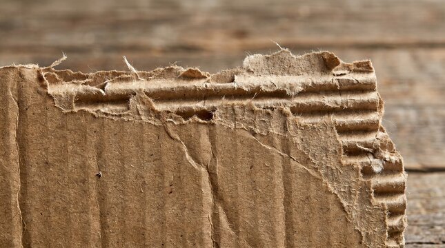 Close-up shot of a torn cardboard box on a wooden surface with ripped edges and visible corrugated layers