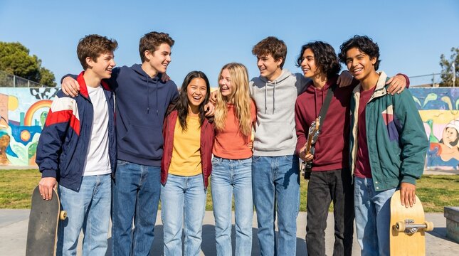 Group of happy young friends with arms around each other standing outdoors in skate park on sunny day with skateboards.