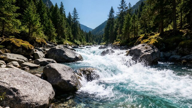 Rushing river rapid stream flowing through rocks in pine forest mountain valley ideal for outdoor adventure marketing and tourism website