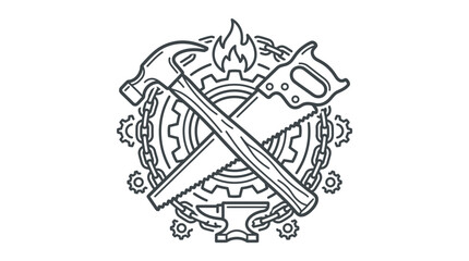 Obraz premium Elegant Black and White Line Art of Industrial Tools Gears and Fire Symbol for Tech or Engineering Concepts