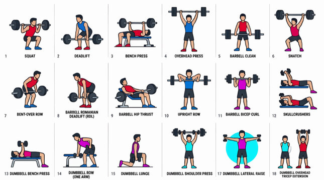 Flat Vector Icon Set of 18 Weightlifting Exercises, Including Squat, Deadlift, Bench Press, Overhead Press, and Dumbbell Workouts, Presented in a Clean Graphic Style with Bold Outlines and Solid