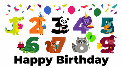 Fototapeta premium Flat Vector Illustration of Numbers 1-9 with Animals and Gifts for Happy Birthday Celebration, Colorful Confetti and Balloons Background