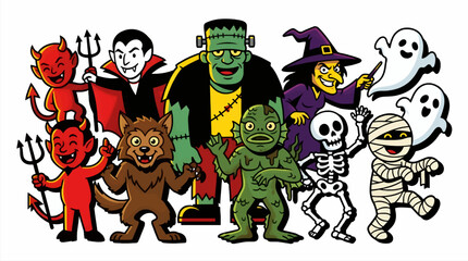 Fototapeta premium Playful Cartoon Halloween Characters Collection: Vampire, Frankenstein, Witch, Werewolf, Mummy, Skeleton, Creature, and Ghosts in Flat Vector Style, Festive Spooky Group