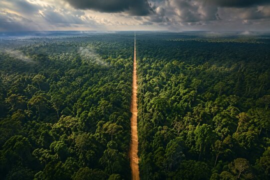 Aerial view of a dirt road cutting through a dense tropical rainforest.