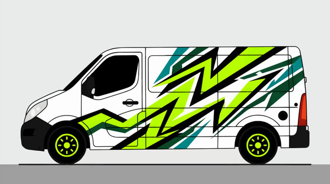 White Cargo Van with Dynamic Neon Green and Teal Graphic Wrap, Flat Design Vector Illustration of a Commercial Vehicle with Abstract Speed Lines, Side View