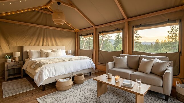 Luxury Glamping Tent Interior with Comfortable Bed and Sofa in a Natural Setting