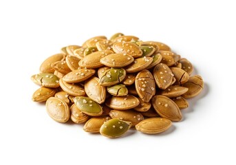 Obraz premium A pile of whole roasted pumpkin seeds with light salt seasoning, isolated on a white background, highlighting crunchy textures and shapes, meal, edible, snack