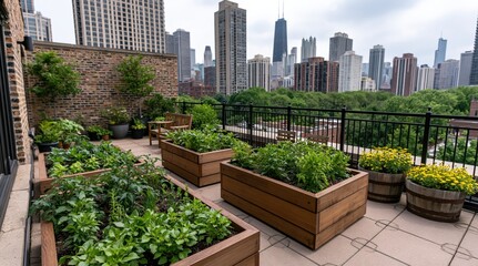 Fototapeta premium Rooftop vegetable garden with raised planter beds in an urban chicago city skyline