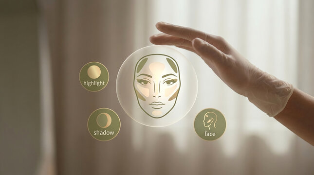 Gloved hand interacting with futuristic digital beauty interface for face contouring and highlighting map for cosmetic treatment or makeup tutorial