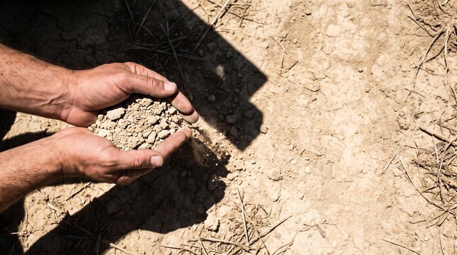 Man's Hands Holding Dry Cracked Soil in Sunlight, Drought Concept
