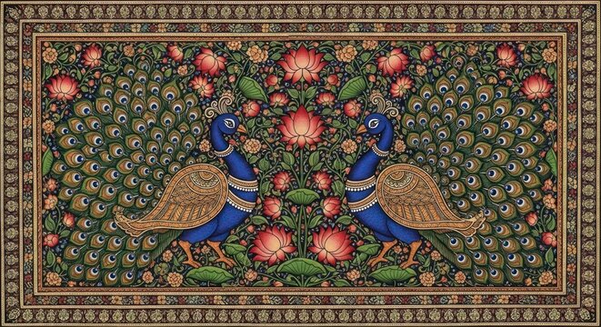 Exquisite Indian Miniature Painting of Two Peacocks Amidst Floral Designs.