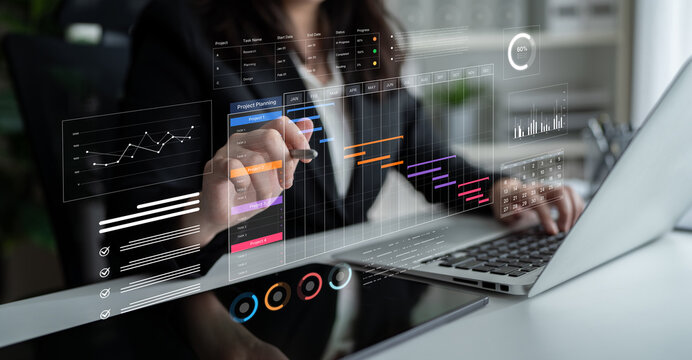 A project management dashboard for business. The interface features a Gantt chart to visualize the project timeline, task scheduling, and overall progress for efficient workflow. Fermion