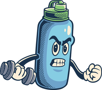 water bottle, reusable bottle, drink bottle, sports bottle, hydration bottle, blue water bottle, cartoon bottle, bottle mascot, fitness bottle, angry bottle, angry face, expressive eyes, clenched teet