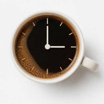 Clock face floating in steaming black coffee close up minimal morning concept