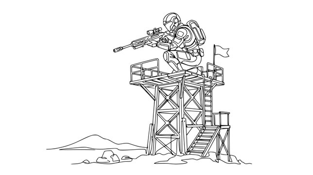 Soldier in futuristic armor with sniper rifle on watchtower, aiming, military, sci-fi, line art illustration