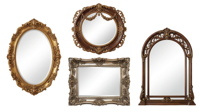 Vintage ornate mirrors set, 4 antique gold and bronze wall mirrors with baroque frames, classic Victorian interior decor elements on white