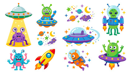 Cute Cartoon Aliens and Spaceships, UFOs and Rockets in Outer Space © Riris