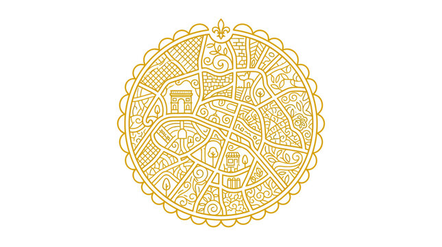 Golden Paris Map Circular Emblem with Famous Landmarks and Ornate Border