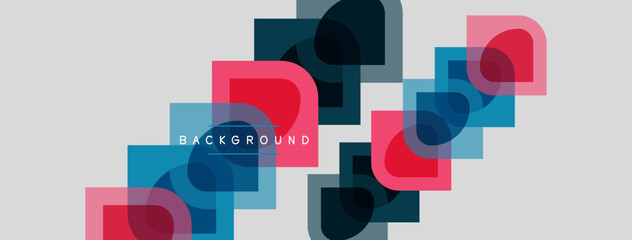 Fototapeta premium Abstract geometric shapes overlap, creating colorful background. Pink, blue, dark shades dominate composition. Modern design element.