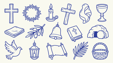 Fototapeta premium Collection of Christian religious symbols and icons drawn in a simple doodle style on a light background.