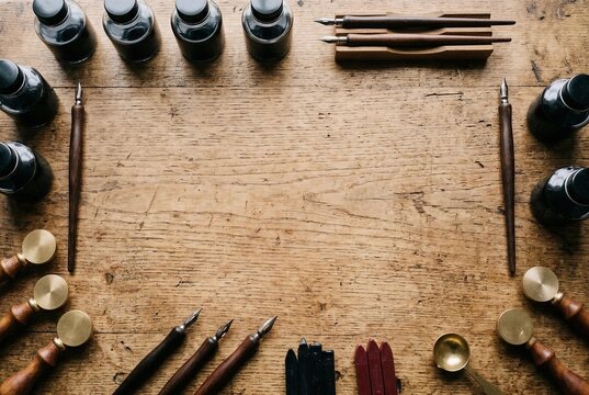 Flat lay of plain glass ink bottles and elegant dip pens framing a textured wooden table. Completely sterile from labels, leaving central empty copy space.