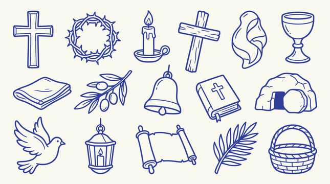Collection of Christian religious symbols and icons drawn in a simple doodle style on a light background.