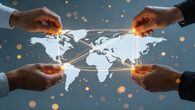 Hands connecting world map with glowing lines